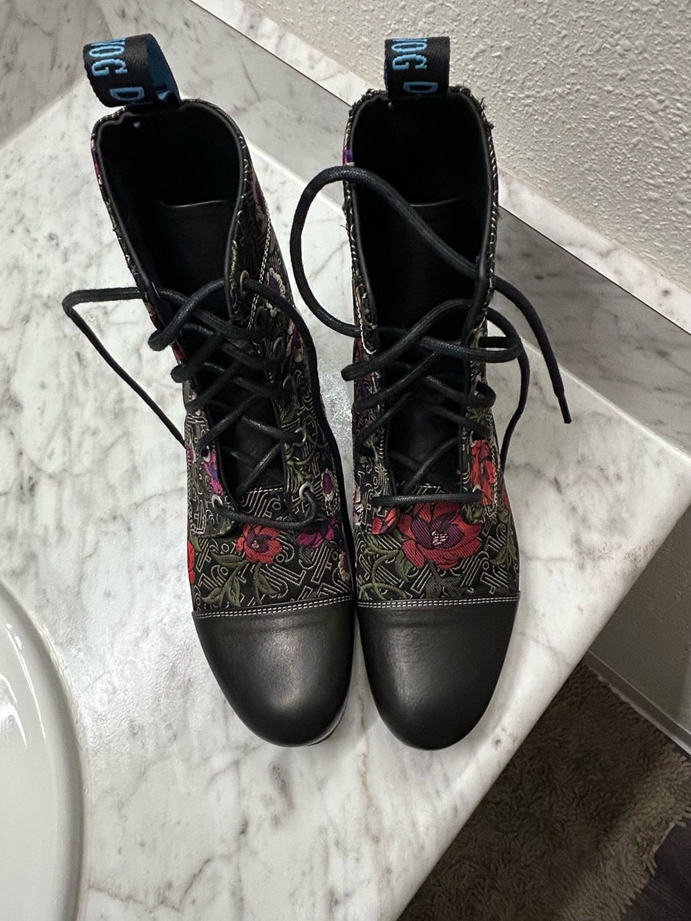 New John Fluevog Black Lace-Up Boots with Red and Purple Floral Embroidery - Picture 7 of 13